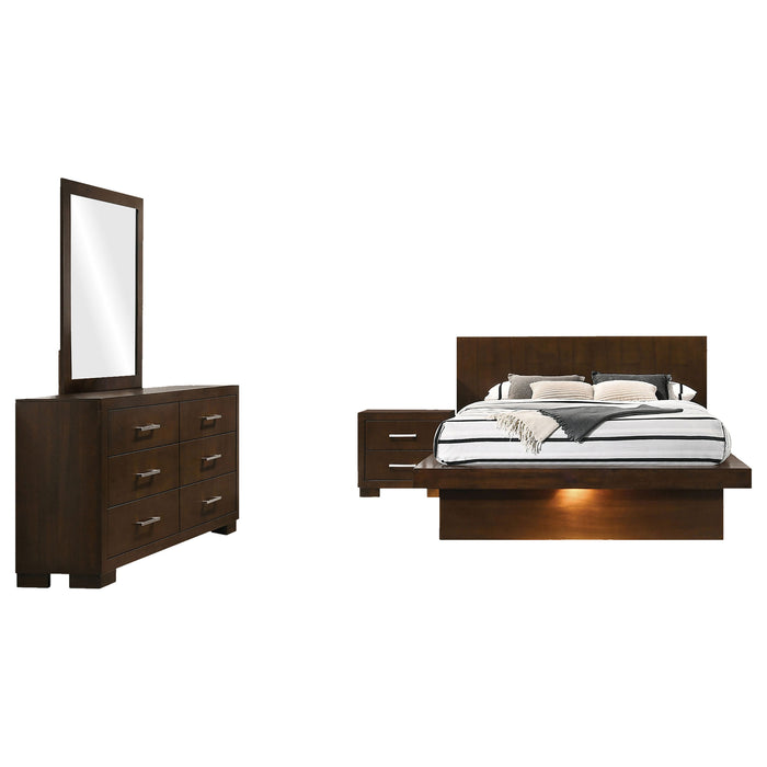 Jessica 4-piece Queen LED bedroom furniture set by CoasterEssence in cappuccino finish, includes bed, nightstands, and dresser.