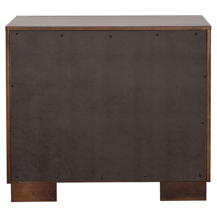 CoasterEssence Jessica 4-piece queen LED bedroom furniture set in cappuccino, featuring a bed, nightstands, and dresser.