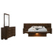 CoasterEssence Jessica 5-piece queen bedroom set in cappuccino with LED lighting, includes bed frame, nightstands, and dresser.