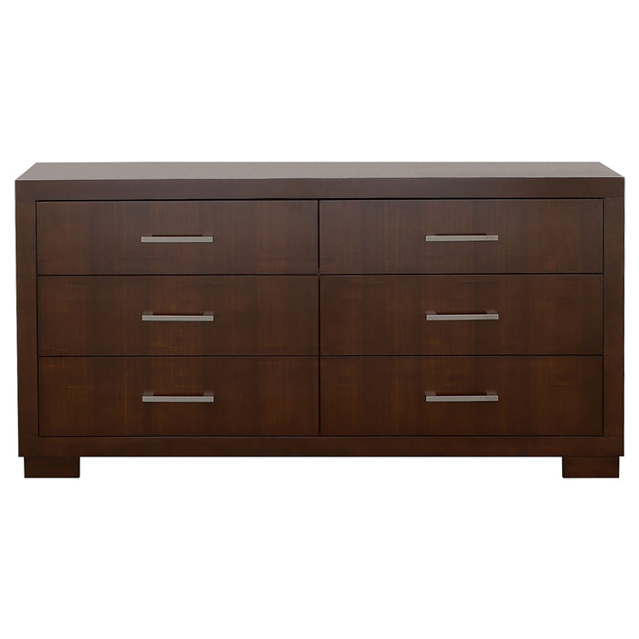 Jessica 5-piece Queen LED bedroom furniture set in cappuccino finish by CoasterEssence, includes bed frame, nightstands, and dresser.