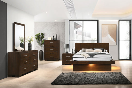 Jessica 5-piece Queen LED bedroom furniture set in cappuccino finish, includes bed frame, nightstands, and dresser by CoasterEssence