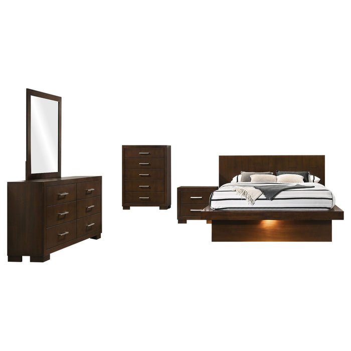 Jessica 5-piece queen bedroom set by CoasterEssence featuring cappuccino-finish furniture with a bed, nightstands, and matching storage.