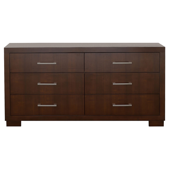 Jessica 5-piece queen LED bedroom set by CoasterEssence, featuring cappuccino-finished furniture with built-in LED lighting.