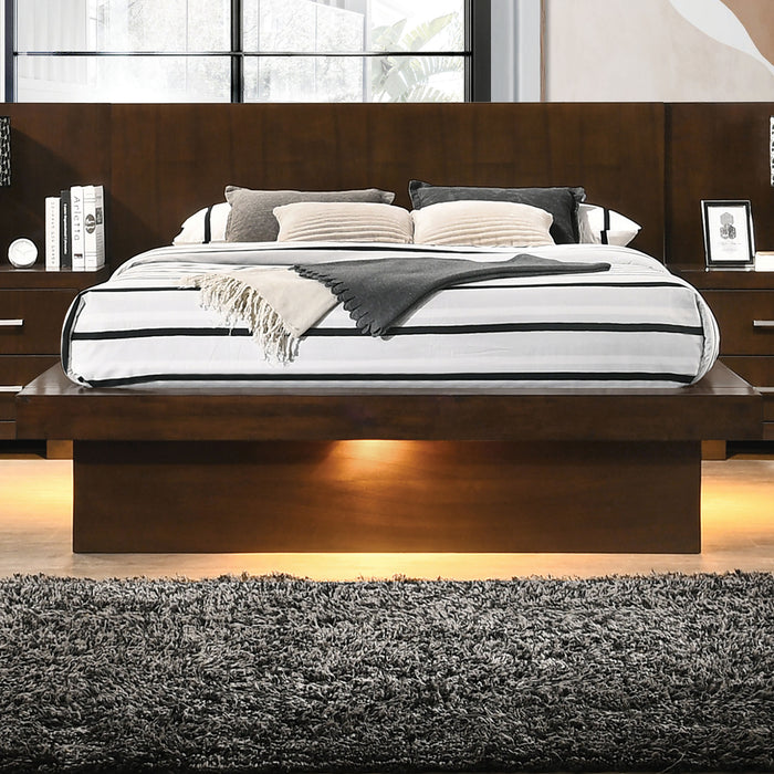 Jessica Wood Queen LED Panel Bed in Cappuccino by CoasterEssence, showcasing a modern bedroom furniture piece with LED lighting and wood finish.