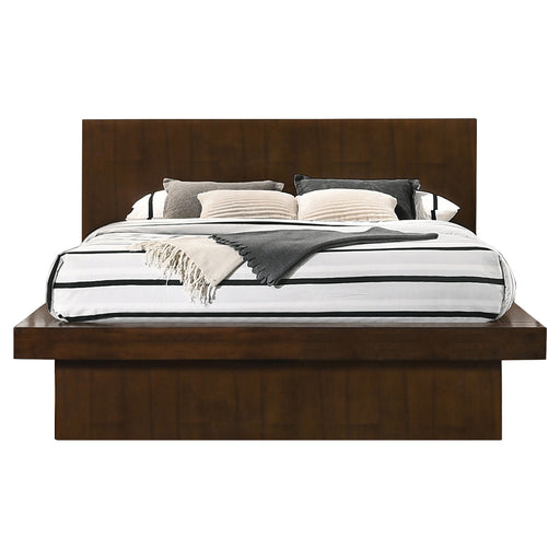 Jessica Wood Queen LED Panel Bed in Cappuccino, modern furniture with built-in LED lighting and a sleek wood finish.