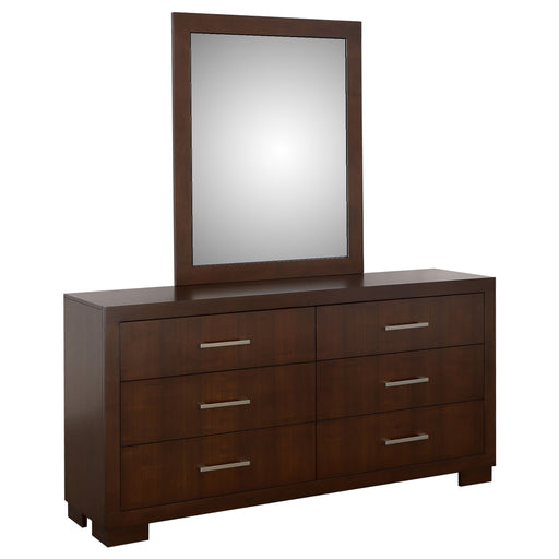 CoasterEssence Jessica 6-drawer dresser with mirror in cappuccino finish, showing the sleek wooden furniture with metal handles and attached mirror.