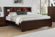 CoasterEssence Jessica Eastern King LED Storage Bookcase Bed in cappuccino with built-in LED lights and storage drawers, showcasing its modern design.
