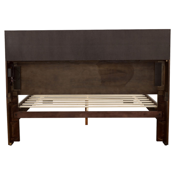 Jessica Eastern King LED Storage Bookcase Bed in Cappuccino by CoasterEssence, showing the bed with built-in storage and LED lighting details.