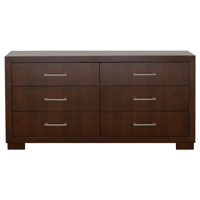 CoasterEssence Jessica 4-piece California King bedroom set in cappuccino finish, featuring a bed frame, dresser, mirror, and nightstands.