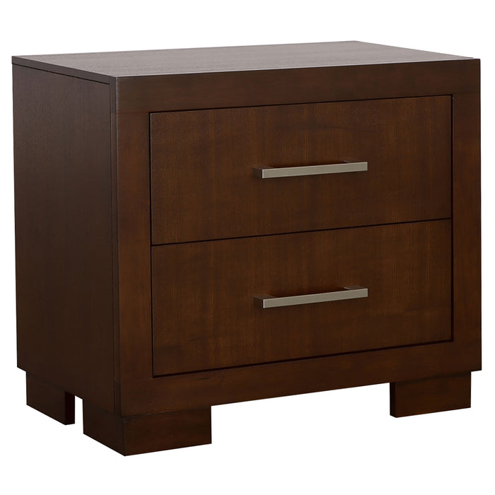 Jessica 5-piece California King bedroom set by CoasterEssence featuring cappuccino-finished bed frame, nightstands, and dresser in a bedroom scene.