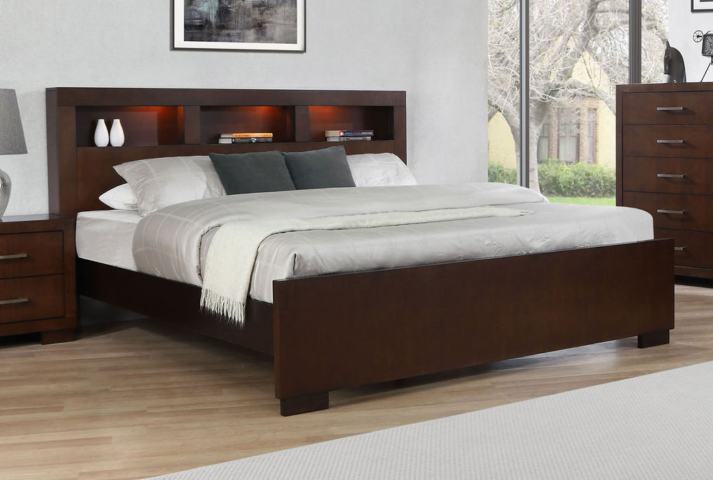 California king LED storage bookcase bed in cappuccino finish by CoasterEssence, showing the bed with integrated storage and LED lights.