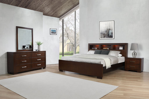 CoasterEssence Jessica 4-piece Queen Bedroom Set in cappuccino wood finish, includes bed frame, dresser, nightstands, and mirror.