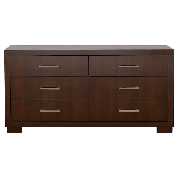 Jessica 4-piece queen bedroom set by CoasterEssence with cappuccino-finished bed frame, nightstands, and dresser showing elegant furniture details.