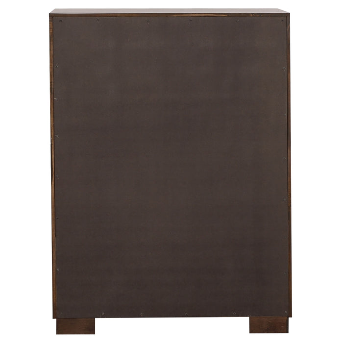 CoasterEssence Jessica 5-piece Queen bedroom set in cappuccino finish, includes bed frame, dresser, mirror, and nightstands.