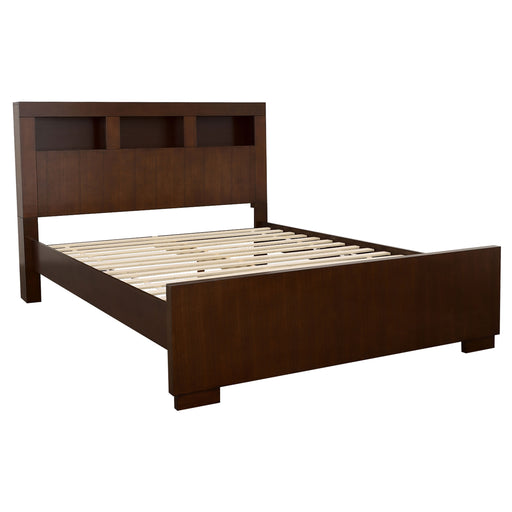 Jessica Wood queen LED storage bookcase bed in cappuccino finish by CoasterEssence