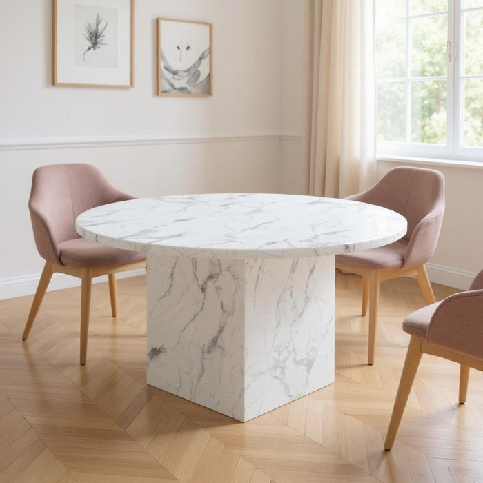 60" Marble Pedestal Base Round Top Dining Room Table - Gray / White