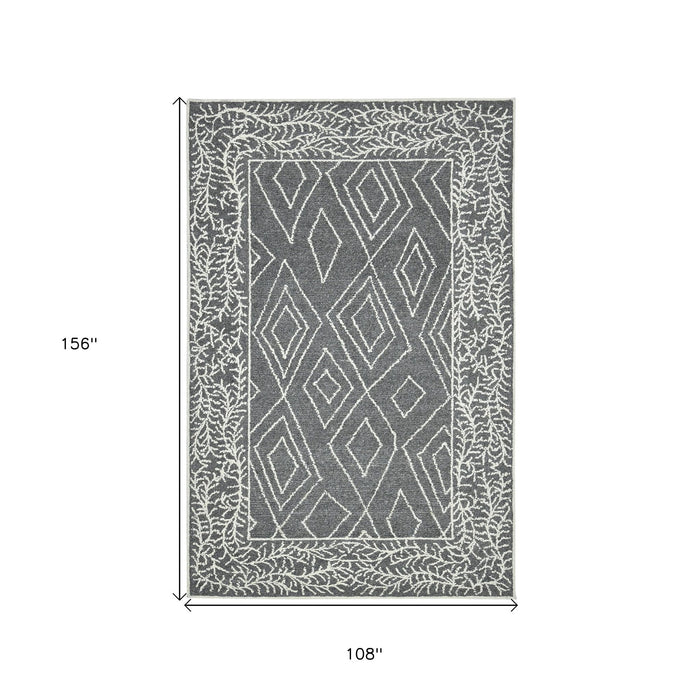9' X 13' Wool Geometric Hand Hooked Area Rug - Gray / Ivory