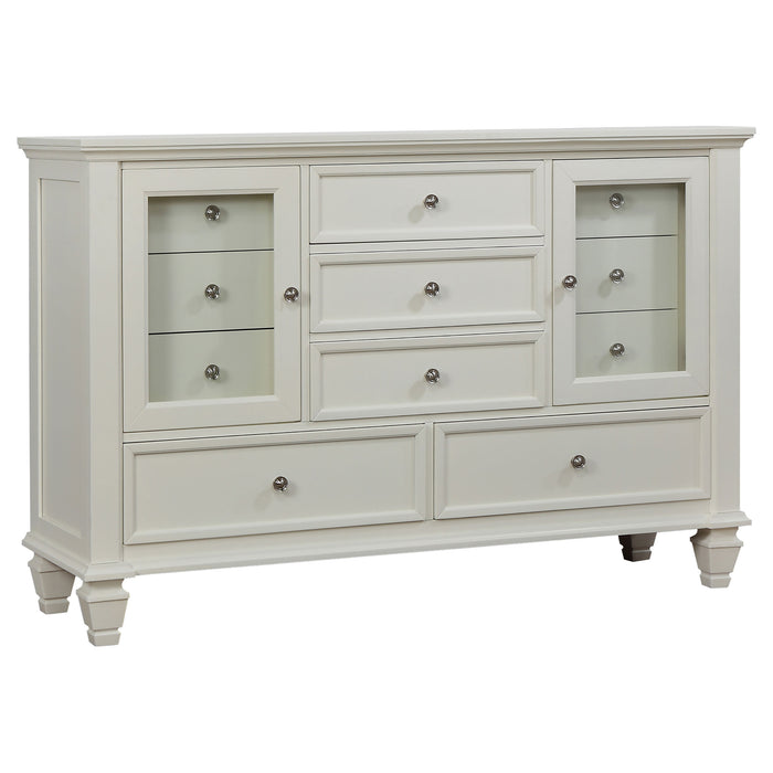 Cream white Sandy Beach 5-piece Eastern King bedroom furniture set by CoasterEveryday, including bed, nightstands, and dresser.