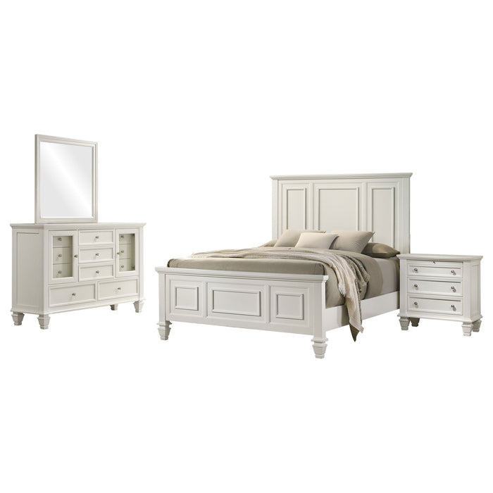 CoasterEveryday Sandy Beach 4-piece California king bedroom set in cream white with bed, dresser, mirror, and nightstand