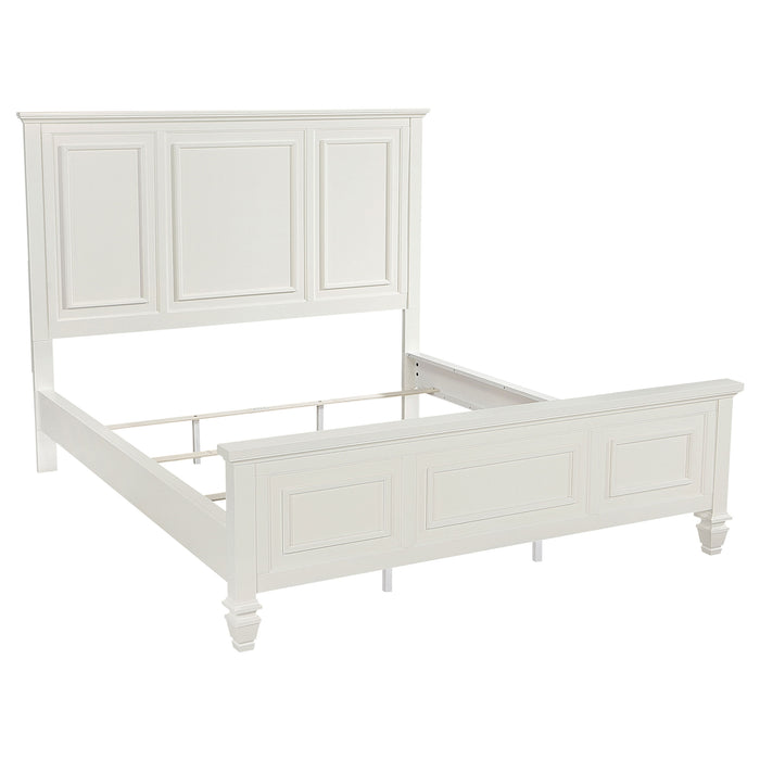 CoasterEveryday Sandy Beach 5-piece California king bedroom set in cream white furniture arrangement
