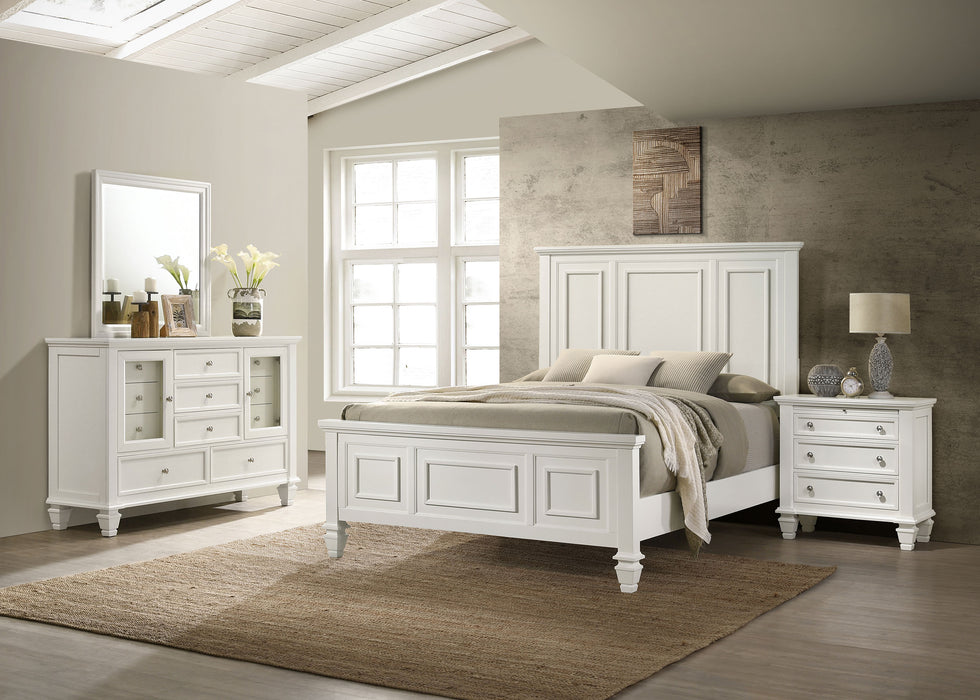 Cream white Sandy Beach 4-piece Queen bedroom set by CoasterEssence includes bed frame, nightstands, and dresser in a modern furniture design.