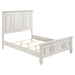 Cream white Sandy Beach 4-piece Queen bedroom furniture set by CoasterEssence, includes bed frame, dresser, mirror, and nightstands.