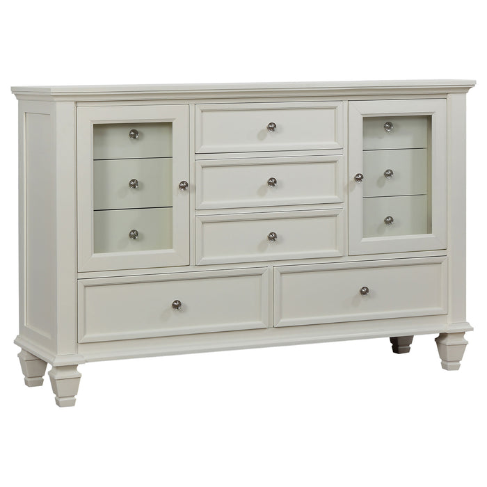 Cream white Sandy Beach 5-piece Queen bedroom set by CoasterEssence, includes bed frame, nightstands, dresser, and mirror.