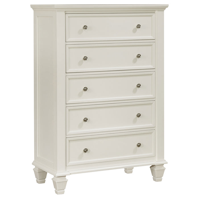 Cream white Sandy Beach 5-piece queen bedroom set by CoasterEssence with a bed frame, nightstands, and matching dresser in a bedroom scene.