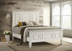 Cream white Sandy Beach Wood Queen Panel Bed from CoasterEssence, showcasing the elegant wooden headboard and frame.