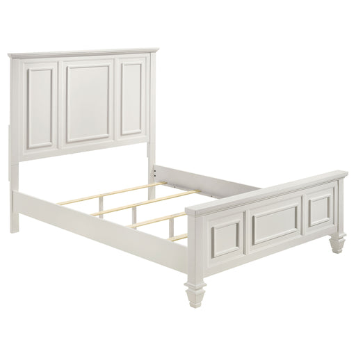 Cream white Sandy Beach Wood Queen Panel Bed by CoasterEssence with a headboard and side panels in a classic furniture style.