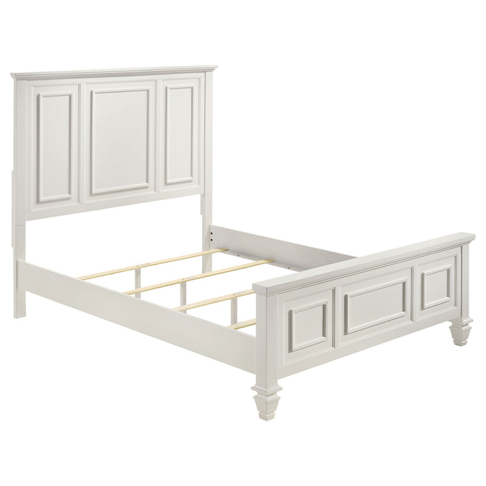 Cream white Sandy Beach Wood Queen Panel Bed by CoasterEssence with a headboard and side panels in a classic furniture style.