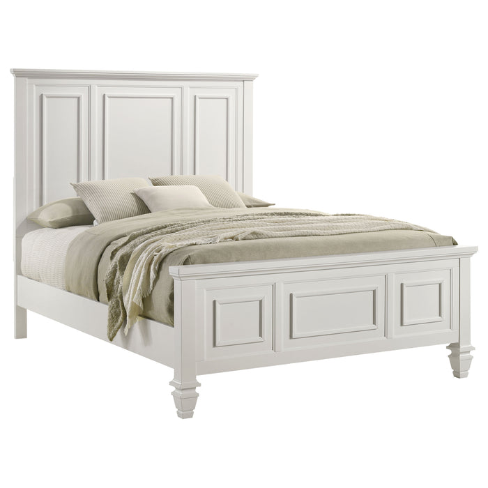 Cream white Sandy Beach Wood Queen Panel Bed by CoasterEssence with a classic, sturdy wooden frame and panel headboard.