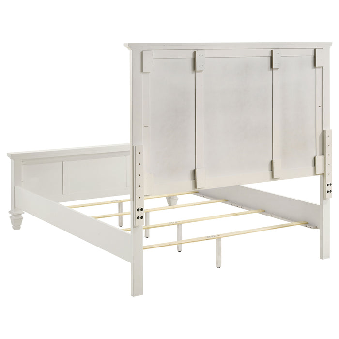 Cream white Sandy Beach Wood Queen Panel Bed by CoasterEssence, showcasing a classic wooden bed frame with a paneled headboard.