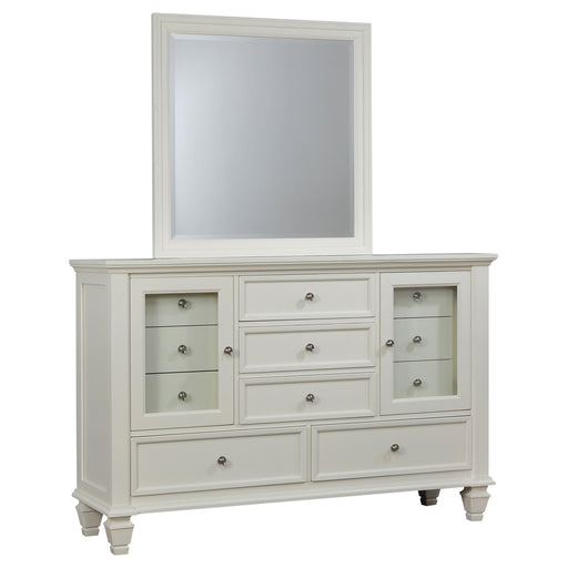 Cream white Sandy Beach 11-drawer dresser with mirror, featuring sleek furniture design and ample storage, by CoasterEssence.