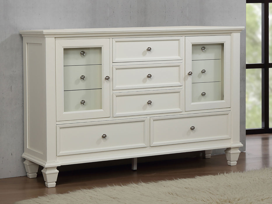 Cream white Sandy Beach 11-drawer dresser by CoasterEssence featuring a spacious furniture piece with sleek drawer fronts.