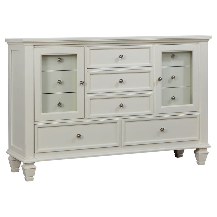 Cream white Sandy Beach 11-drawer dresser by CoasterEssence with sleek panel design and silver handles on a wooden floor.