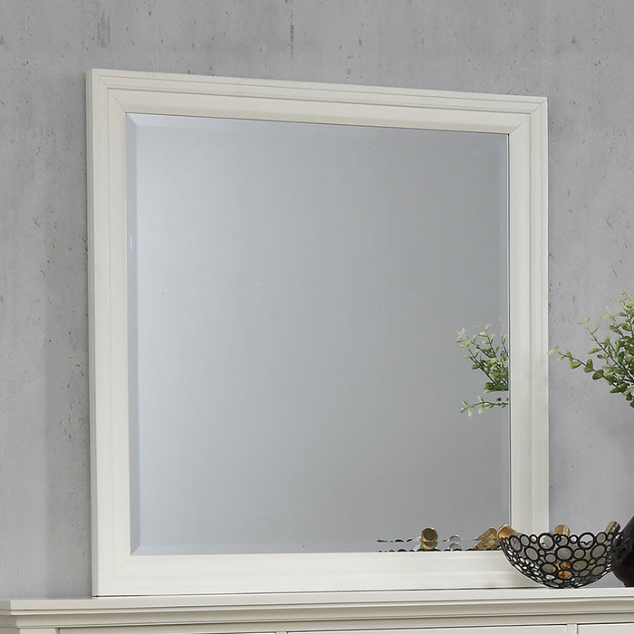 Cream white Sandy Beach dresser mirror by CoasterEssence, showcasing a modern, rectangular furniture mirror with a sleek frame.