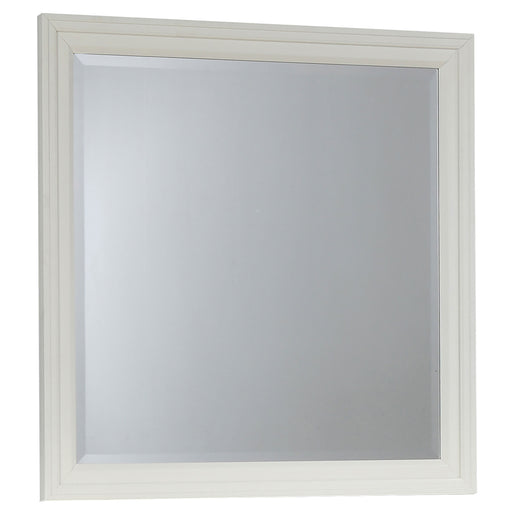 Cream white Sandy Beach dresser mirror by CoasterEssence, showcasing a sleek, rectangular furniture mirror with a smooth finish.