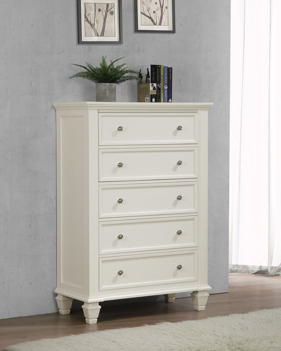 Cream white Sandy Beach 5-drawer bedroom chest by CoasterEssence, showing a sleek, modern furniture piece with five spacious drawers.