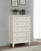 Cream white Sandy Beach 5-drawer bedroom chest by CoasterEssence, showing a sleek, modern furniture piece with five spacious drawers.