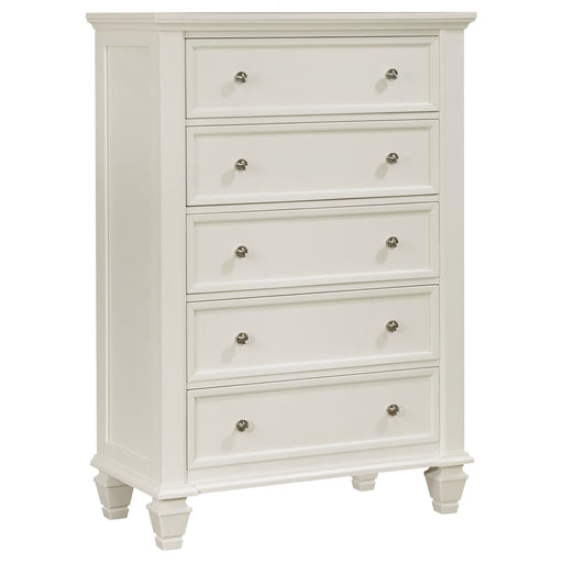 Cream white Sandy Beach 5-drawer bedroom chest by CoasterEssence, showing sleek furniture with multiple drawers and modern design.