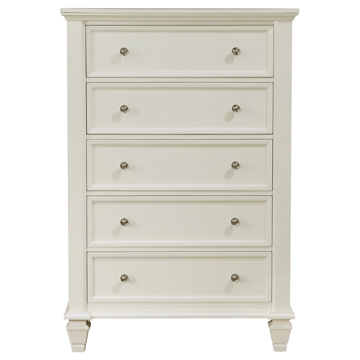 Cream white Sandy Beach 5-drawer bedroom chest by CoasterEssence, featuring a sleek wooden furniture design with modern handles.
