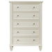 Cream white Sandy Beach 5-drawer bedroom chest by CoasterEssence, featuring a sleek wooden furniture design with modern handles.