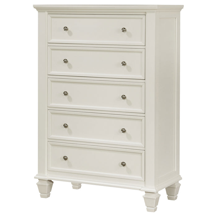 Cream white Sandy Beach 5-drawer bedroom chest by CoasterEssence, featuring a sleek wooden furniture design with metal drawer handles.