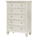 Cream white Sandy Beach 5-drawer bedroom chest by CoasterEssence, featuring a sleek wooden furniture design with metal drawer handles.