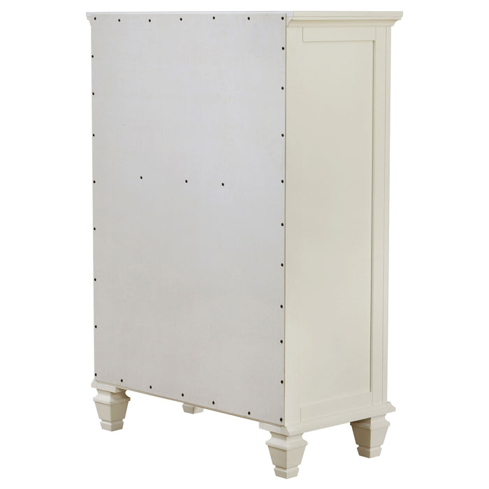 Cream white Sandy Beach 5-drawer bedroom chest by CoasterEssence, showcasing sleek design and sturdy wooden construction.
