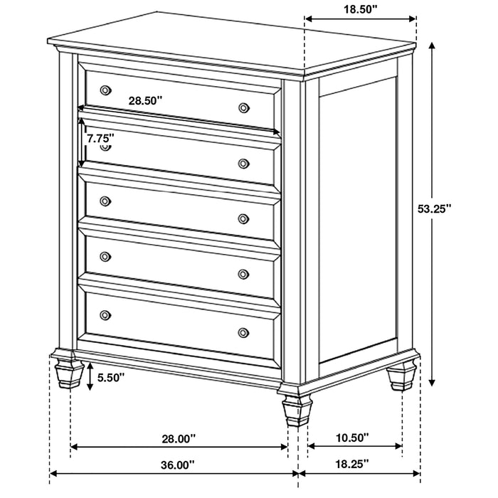 Cream white Sandy Beach 5-drawer bedroom chest by CoasterEssence, showing sleek furniture design with five spacious drawers.