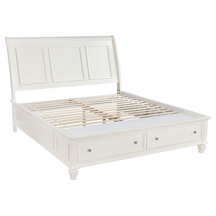 Cream white Sandy Beach 4-piece Eastern King bedroom set by CoasterEssence, including bed frame, nightstands, and dresser.
