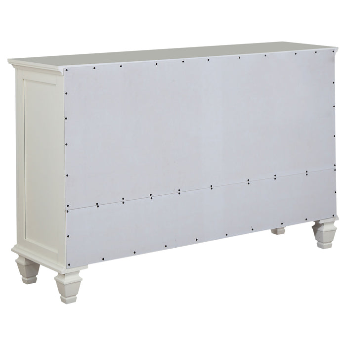 Cream white Sandy Beach 4-piece Eastern King bedroom set by CoasterEssence, includes bed frame, nightstands, and dresser in elegant furniture design.