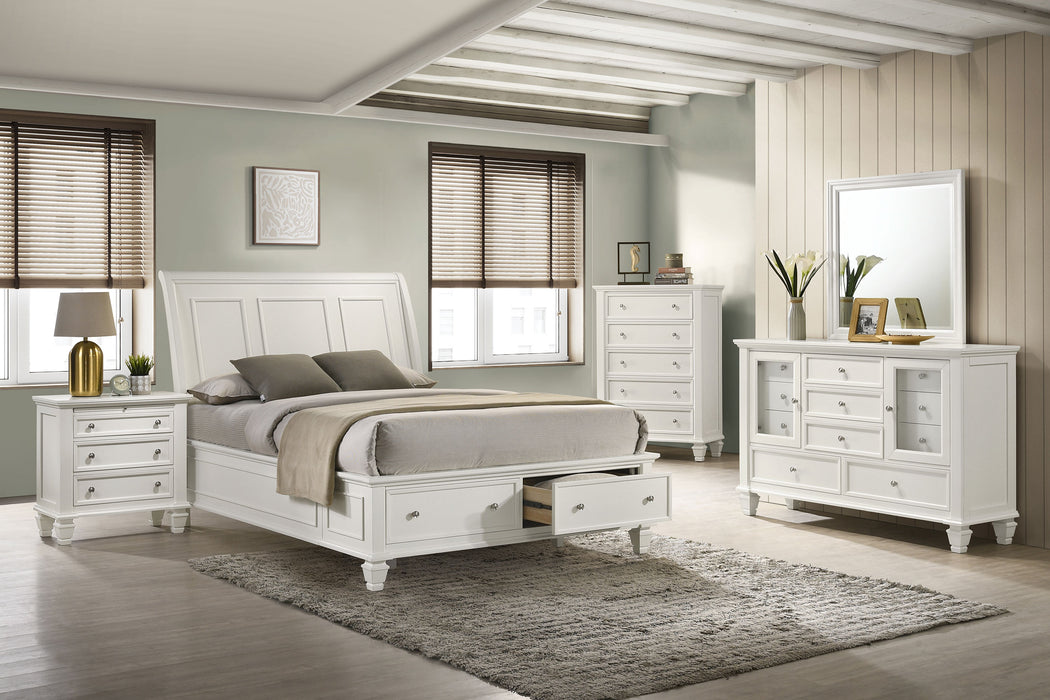 Cream white Sandy Beach 5-piece Eastern King bedroom furniture set by CoasterEssence, featuring a bed, dresser, and matching pieces.
